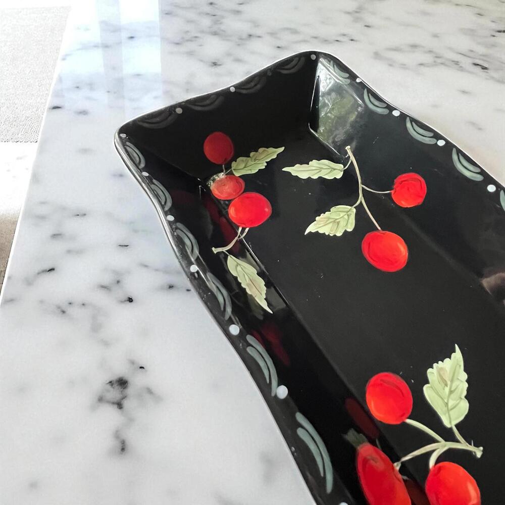 Vintage Laurie Gates Cherry Platter – Black & Red Ceramic Tray, Retro Kitchen